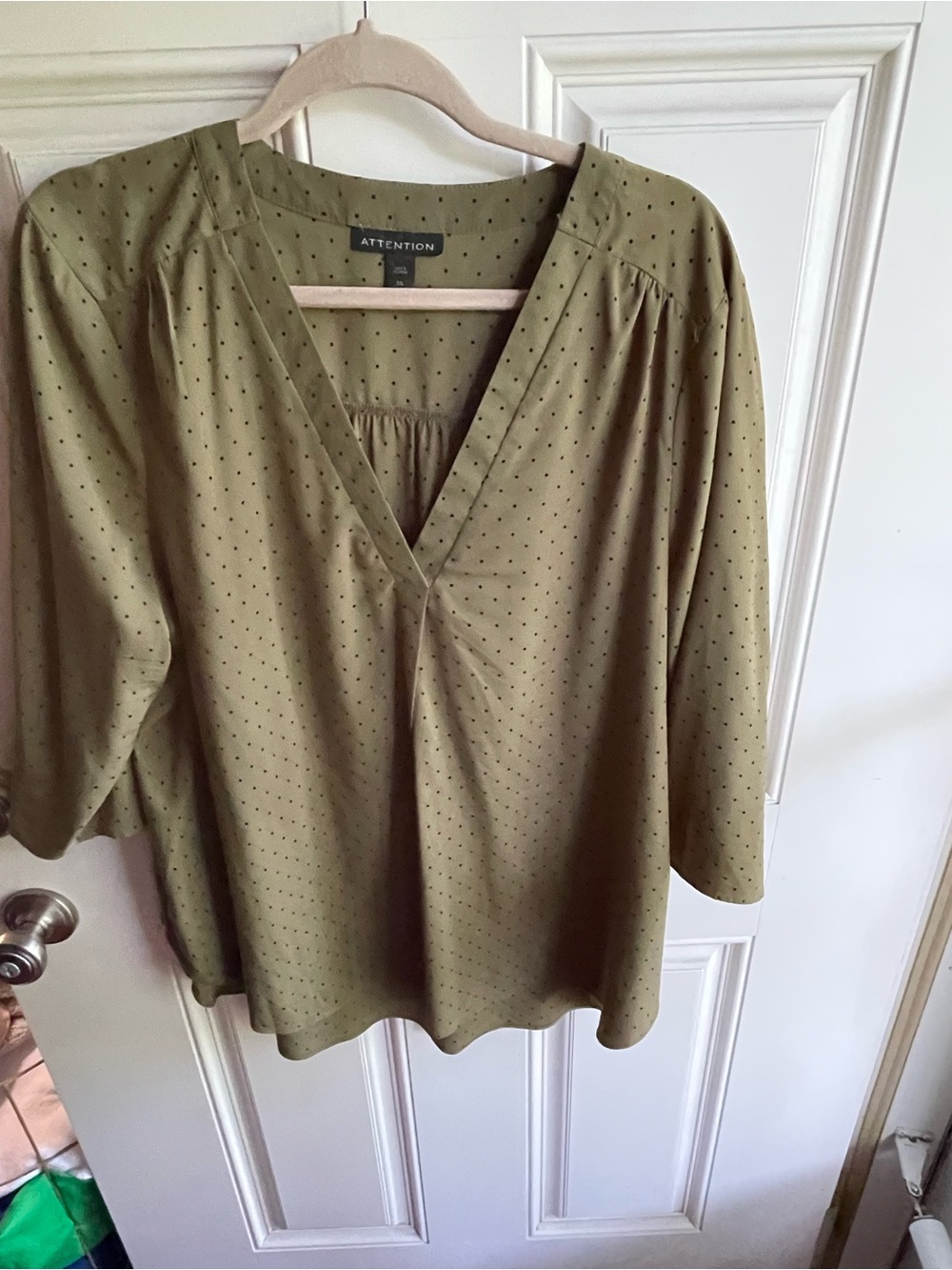 attention Olive Green V-Neck Dot Blouse